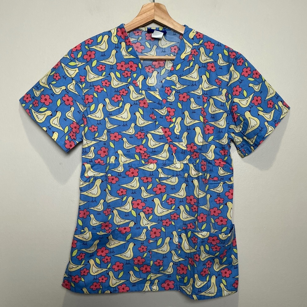 Med Wear Scrub Top Mock Wrap Womens Small Blue Bird Floral Medical Nurse